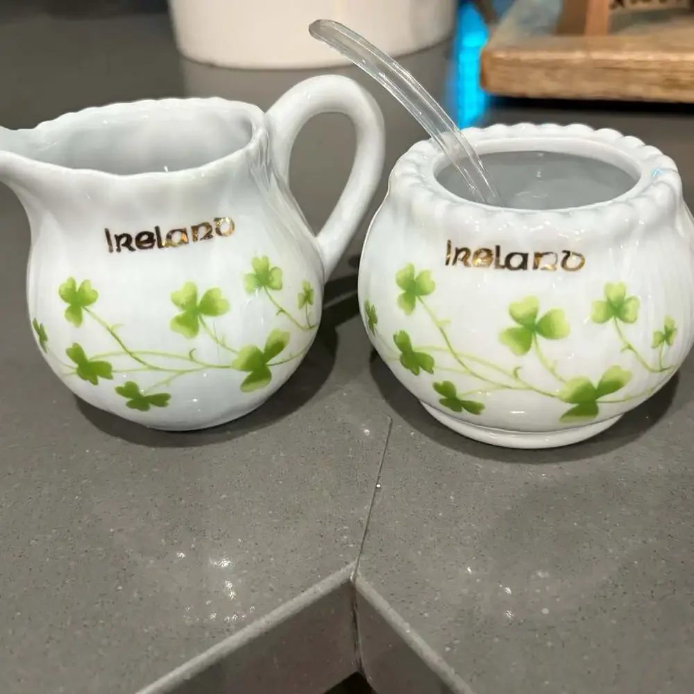 Vintage Ireland Shamrock Pattern Porcelain Creamer and Sugar Bowl Set